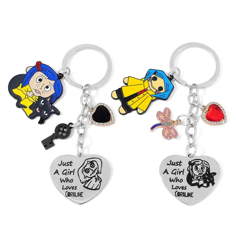 Coraline Keychain Halloween Movie Peripheral Cartoon Doll Heart Pendant Key Ring Anime Fans Black Cat Charm Gift