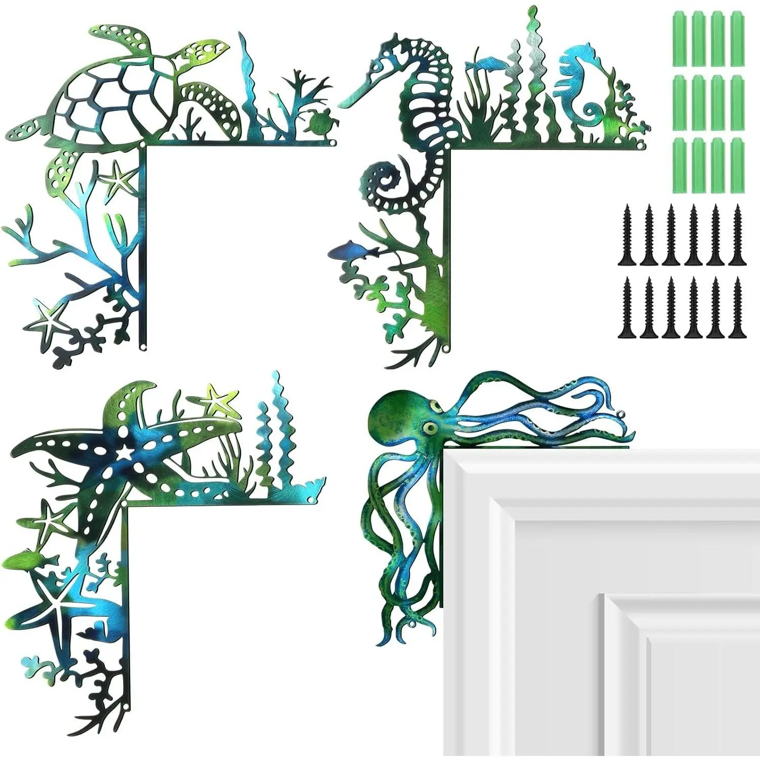 4 Pcs Door Frame Decoration Set Metal, Wall Art Decor Corner Sign Bathroom Decor for Indoor Outdoor Door Window Home Office(Ocean Style 1,Green and Blue)