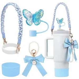 Stylish Multi-Functional Drinkware & Keychain Accessory Set - Silicone Ring Lanyard, Tumbler Cup Sleeve, Coquette Bow Pearl Chain Flower Keychains, Flower Straw Cap