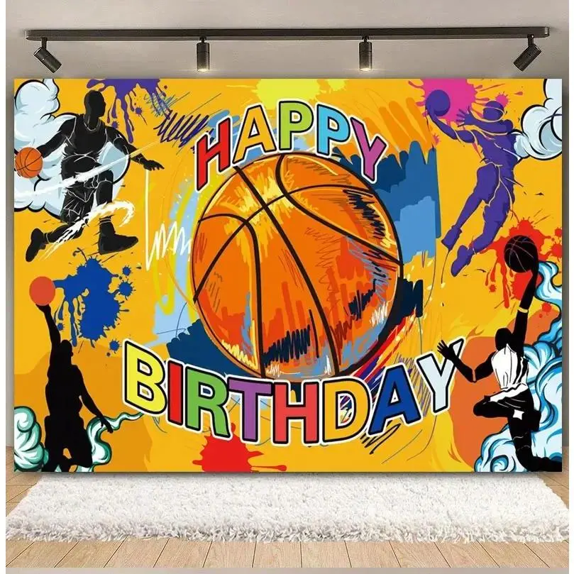 Basketball Court Sports Birthday Backdrop Party Background Cloth, Athletic Game Tapestry Wall Hanging Photography Background Premium Polyester Fabric, Sports Theme Party Decor, Birthday Event Setup, Photo Studio Prop, Celebration Background