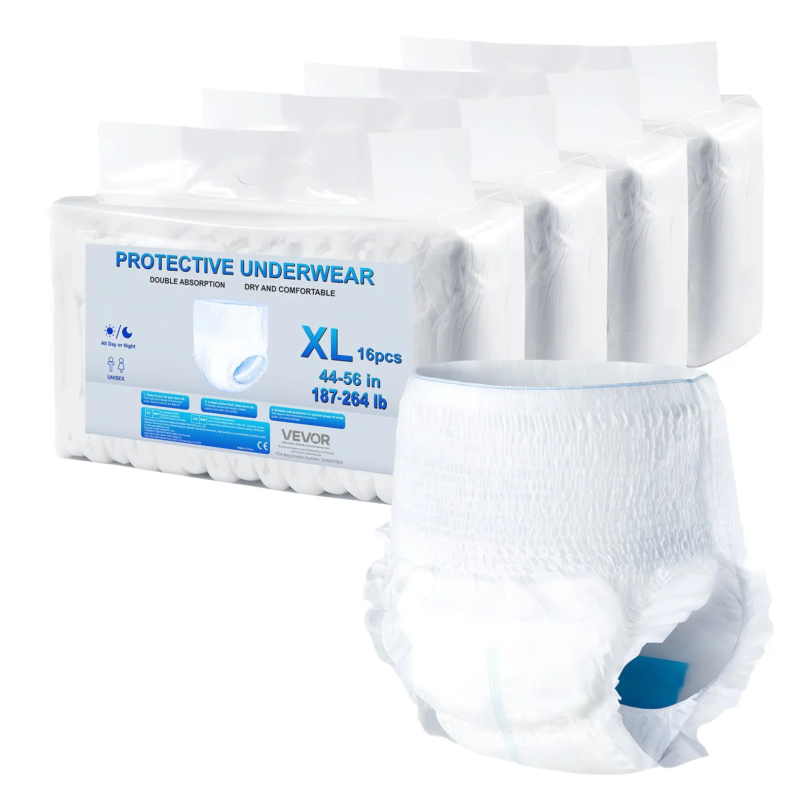 VEVOR Adult Incontinence Underwear, High Absorbent Protective Underwear for Men Women, Disposable Adult Pull-ups Diaper with Leakproof Leg Cuff Wetness Indicator - XL Size, 64 Count (4 Pack of 16)