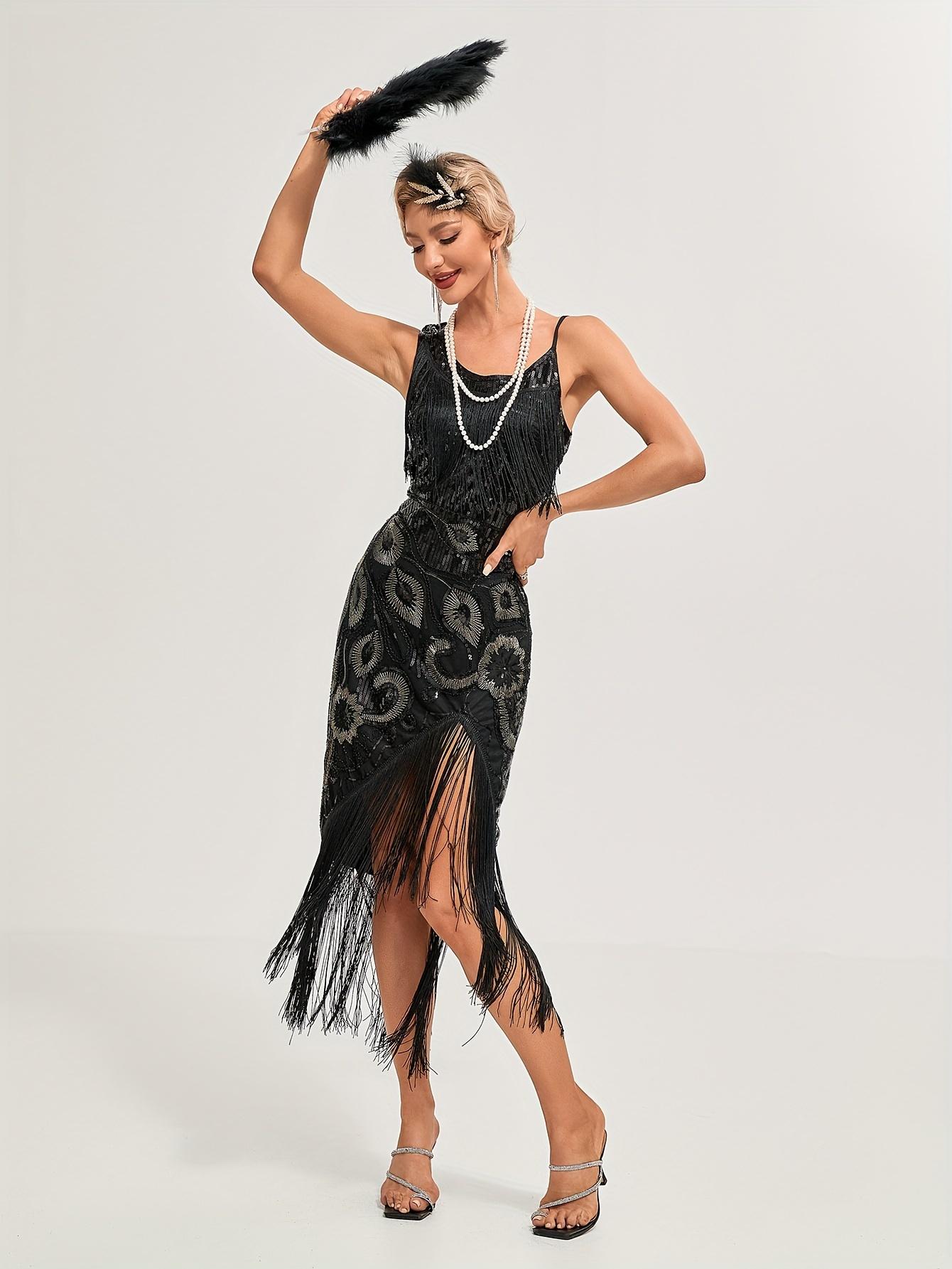 Sequined Fringe Hem Flapper Dress, Vintage Sleeveless Bodycon Dress For Party & Banquet, Women's Clothing
