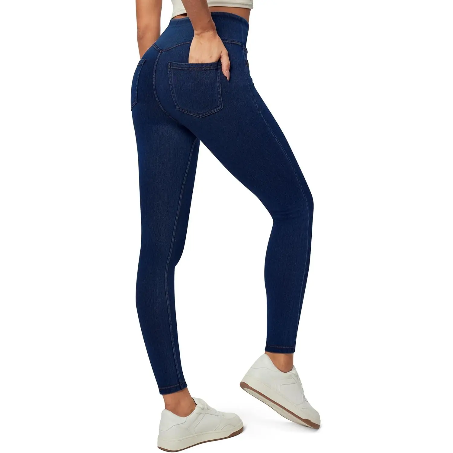 Women's High-Waist Denim Jeggings, Stretchy Flexdenim Dark Blue Pull-On Skinny Jeans with Tummy Control and Pockets