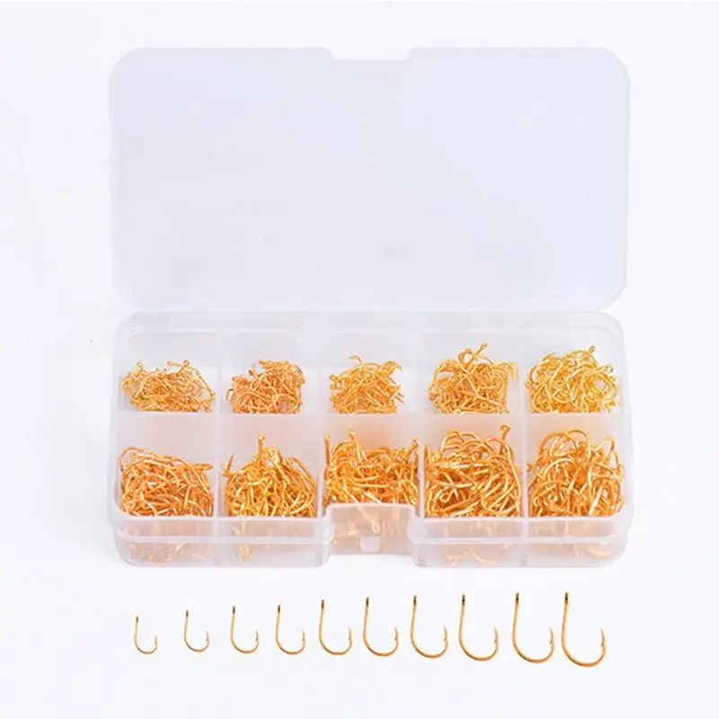 600pcs High-Quality Fishing Hooks, 10 Sizes Carbon Steel Hooks, Portable Plastic Box, Sharp Barbless Hooks for Freshwater/saltwater, Fishing Gear