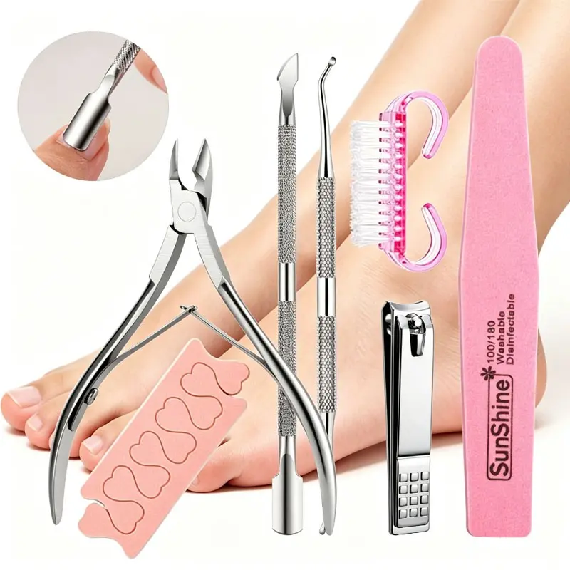 7pcs Manicure Pedicure Tool Kit, Nail Clipper, Cuticle Nipper, Nail File, Toe Separators, Nail Cleaning Brush, Portable Nail Care Set