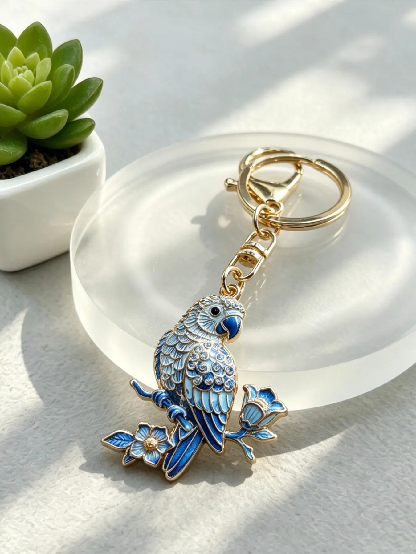 Vintage Blue And White Porcelain Parrot Keychain, Rhinestone Bird Flower Branch Pendant Key Ring Bag Charms for Car Backpack Accessories, Lovely Gift for Friends