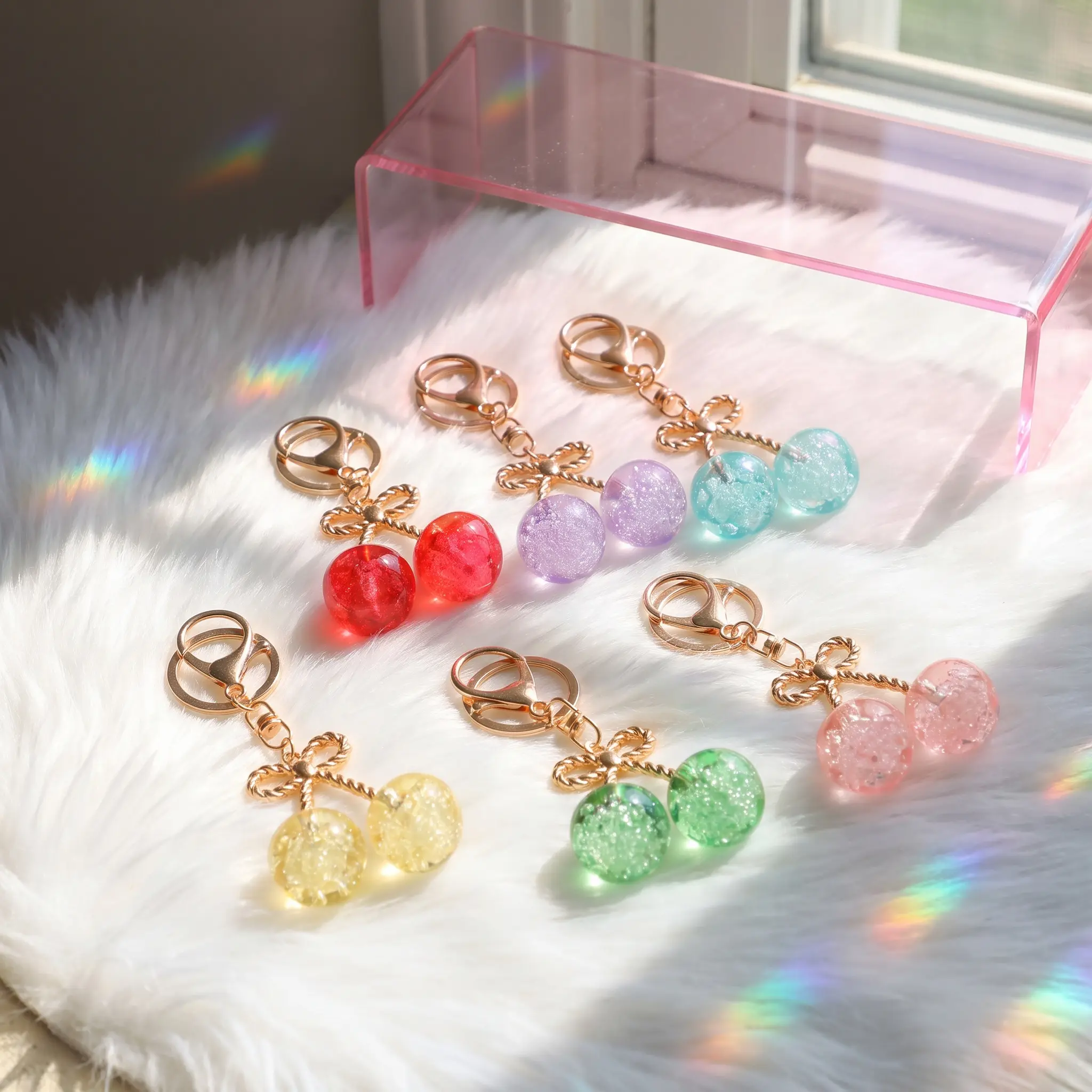 Cute Cherry Charm Bag Accessory - Transparent Resin Glitter Bow Pendant, 6-Color Phone Case/Keychain, Women's Summer 2026 Gift (Pink, Yellow, Purple, Sky Blue, Red)
