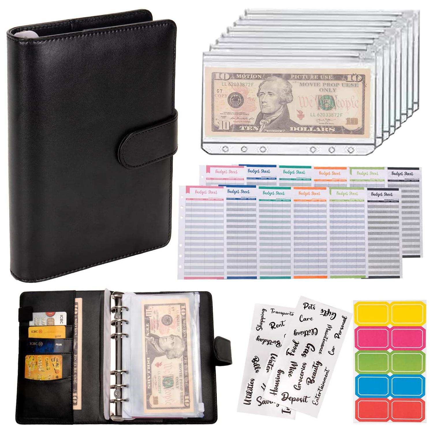 A6 Budget Binder Set, 1 Count Budget Planner with 2 Counts Personality Stickers & 12pcs Budget Sheets & 8 Counts Binder Pockets & 10pcs Multi-colored Labels, Stationery Supplies for Home School Office Dormitory