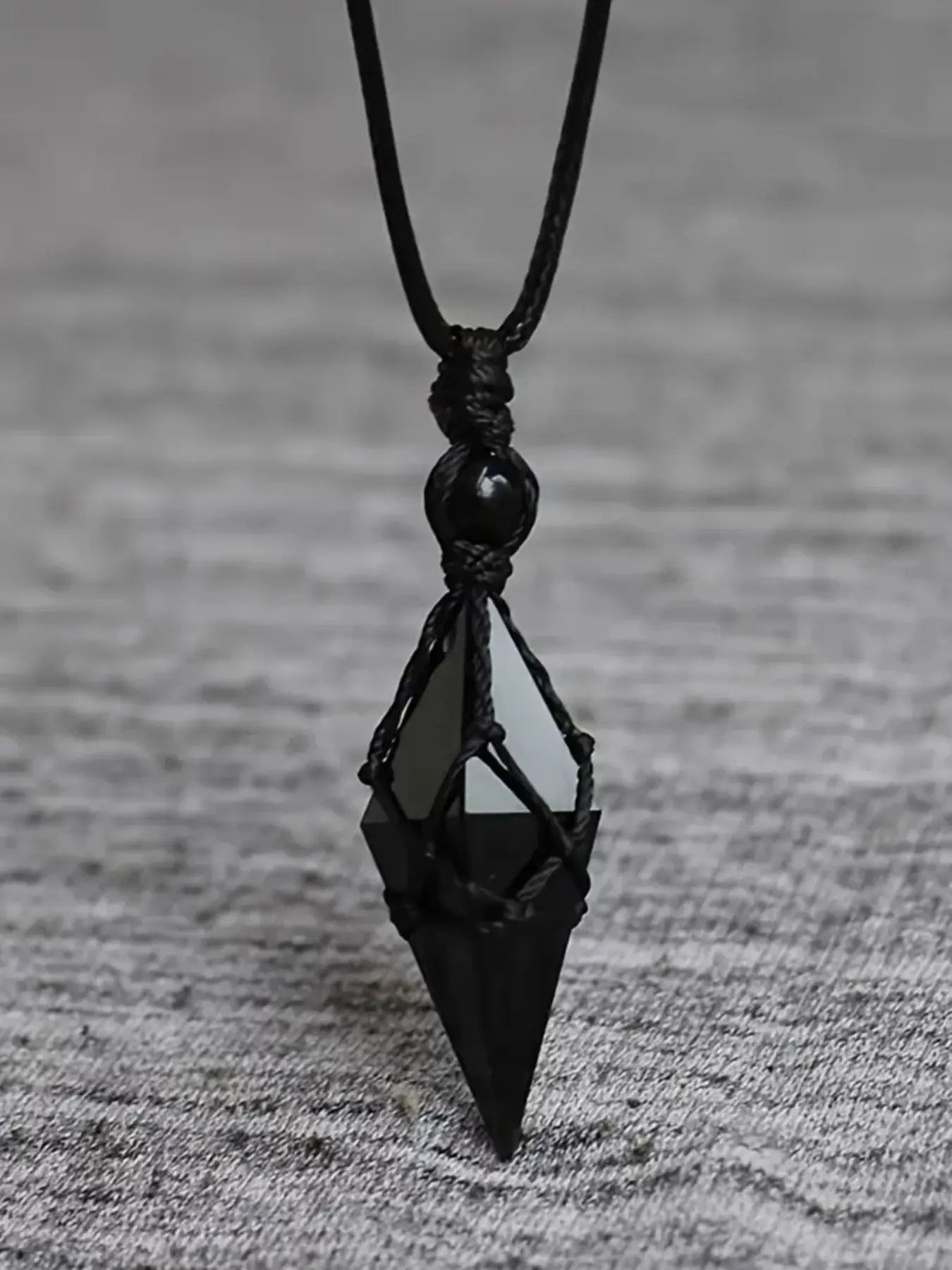 Natural Stone Pendulum Necklace Unisex for Men Women, Hand Woven Black Rope Net Wrap Double Point Crystal Pendant Choker, Trendy Meditation Accessory for Daily Goth Outfits, Affordable Spiritual Gift for Birthday Halloween Holiday Present