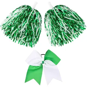 3 count Cheerleading Pom Poms and Large Cheerleader Hair Bow Foil Pompoms  for Team Cheering Squad Dance Rooters Accessories