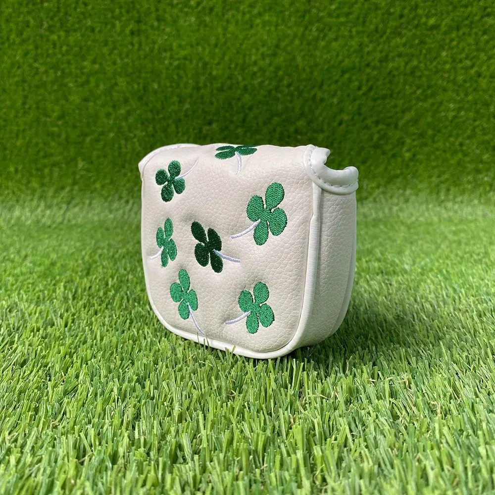 Lucky Clover Embroidered Golf Club Head Cover, Golf Accessory, Leather with Soft Lining, Elegant Floral Stitching, Perfect Gift for Women