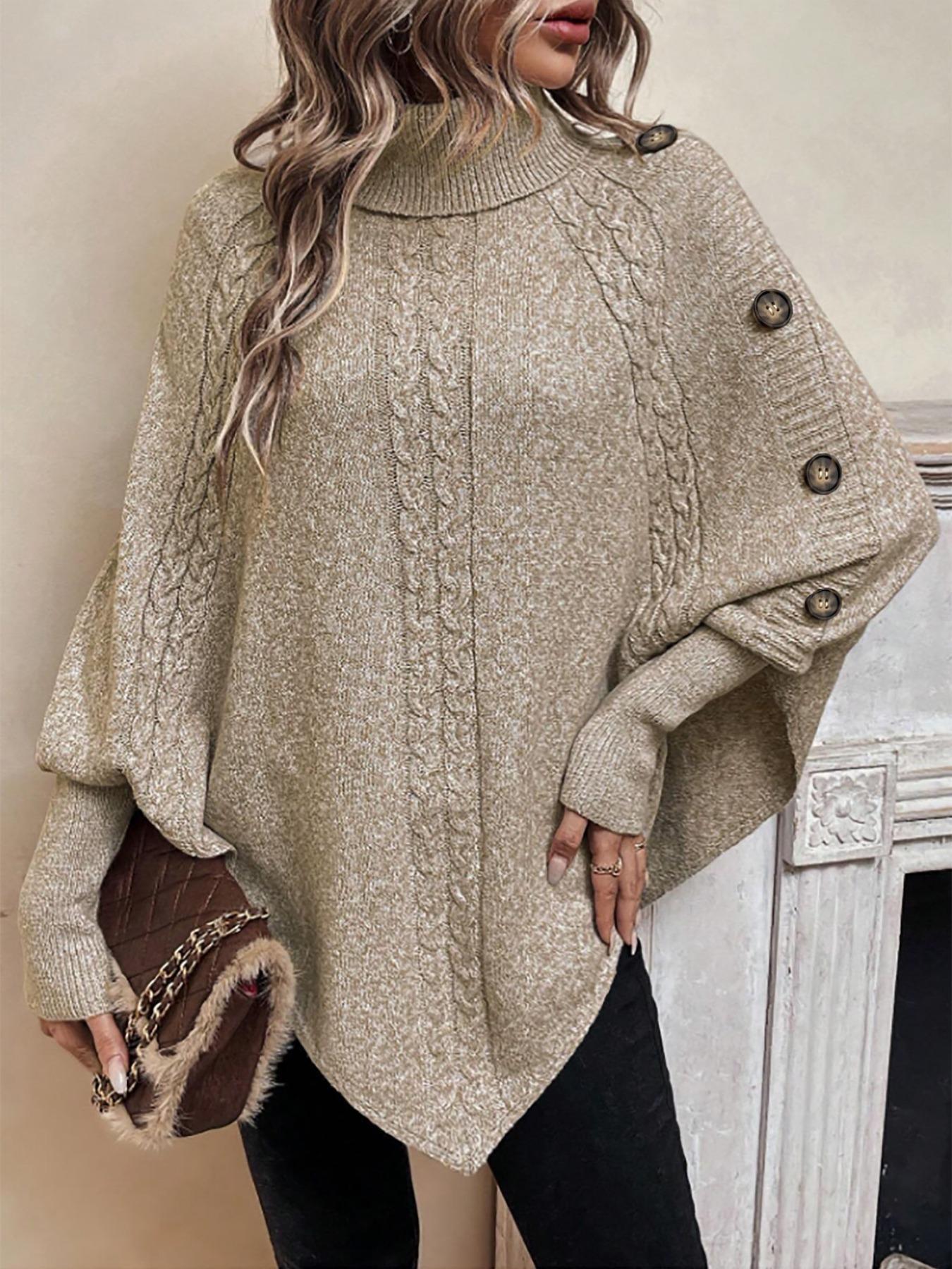 Women's Plain Fake Buttons Batwing Sleeve Loose Medium Sweater, Casual Long Sleeve High Neck Jumper for Fall & Winter, Fashion Chic Ladies' Knitwear for Daily Wear 1 Piece