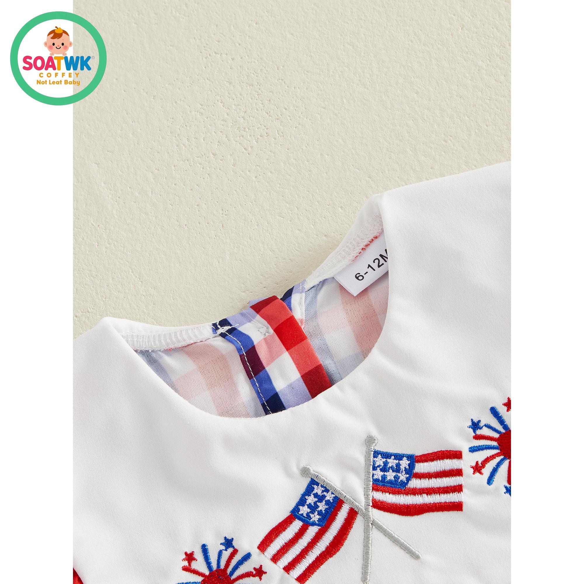 Little Girl 4th of July Dresses American Flag Firework Embroidered Short Sleeve A-line Gingham Dresses for Summer Spring