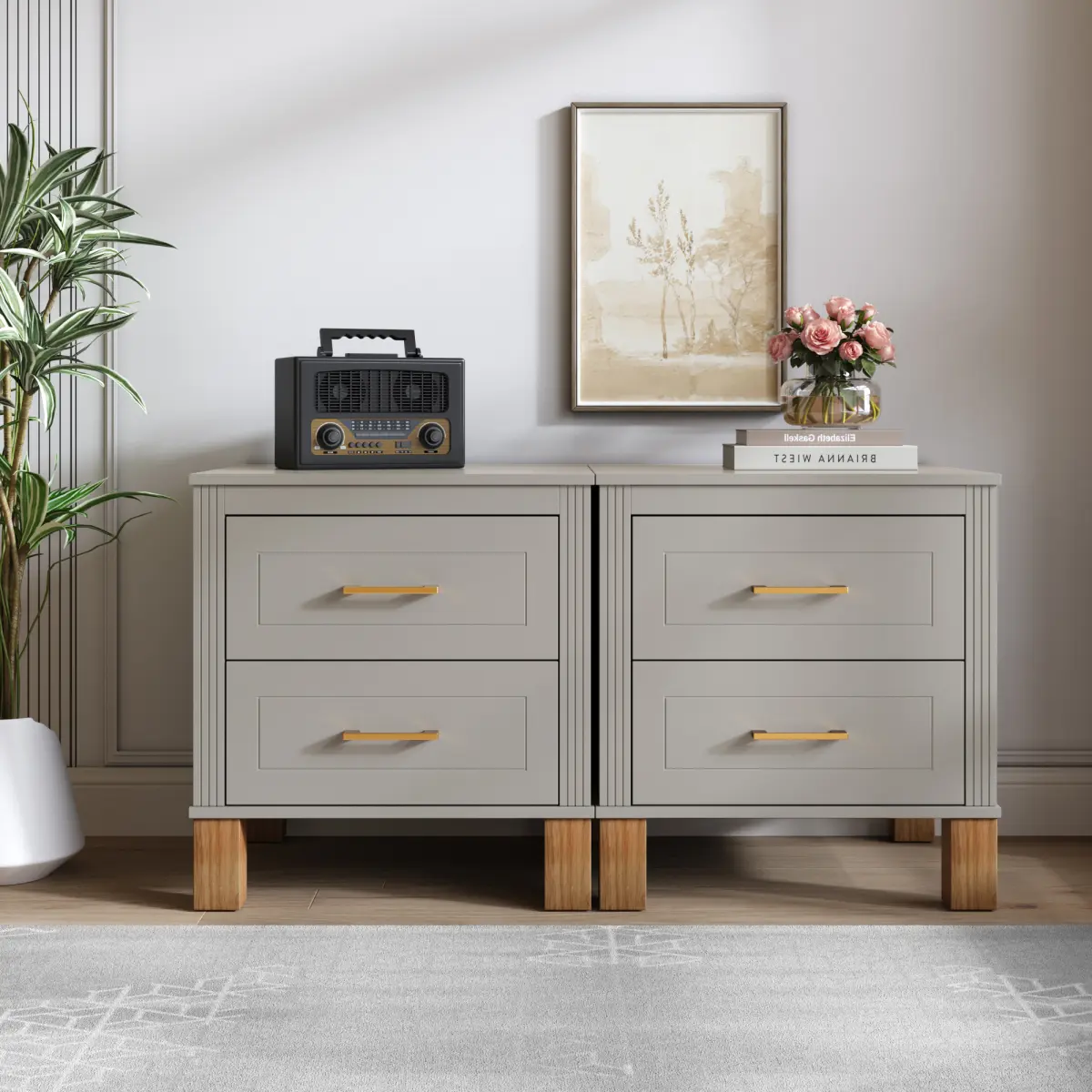 summerwins Classic 2-Drawer Tall Nightstand - Premium Wood End Table with Fluted Panels, MDF Frame, Durable Solid Legs, Gray Metal Handle, Pre-Drilled Holes, Rectangle Shape for Bedroom Entryway Storage, Assembly Required