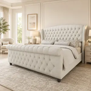 [Fathersdaygift]  Platform Bed Frame,Velvet Upholstered Sleigh Bed with Scroll Wingback Headboard&Footboard/No Box Spring Required/Christmas Gift/Best Gift Ideas
