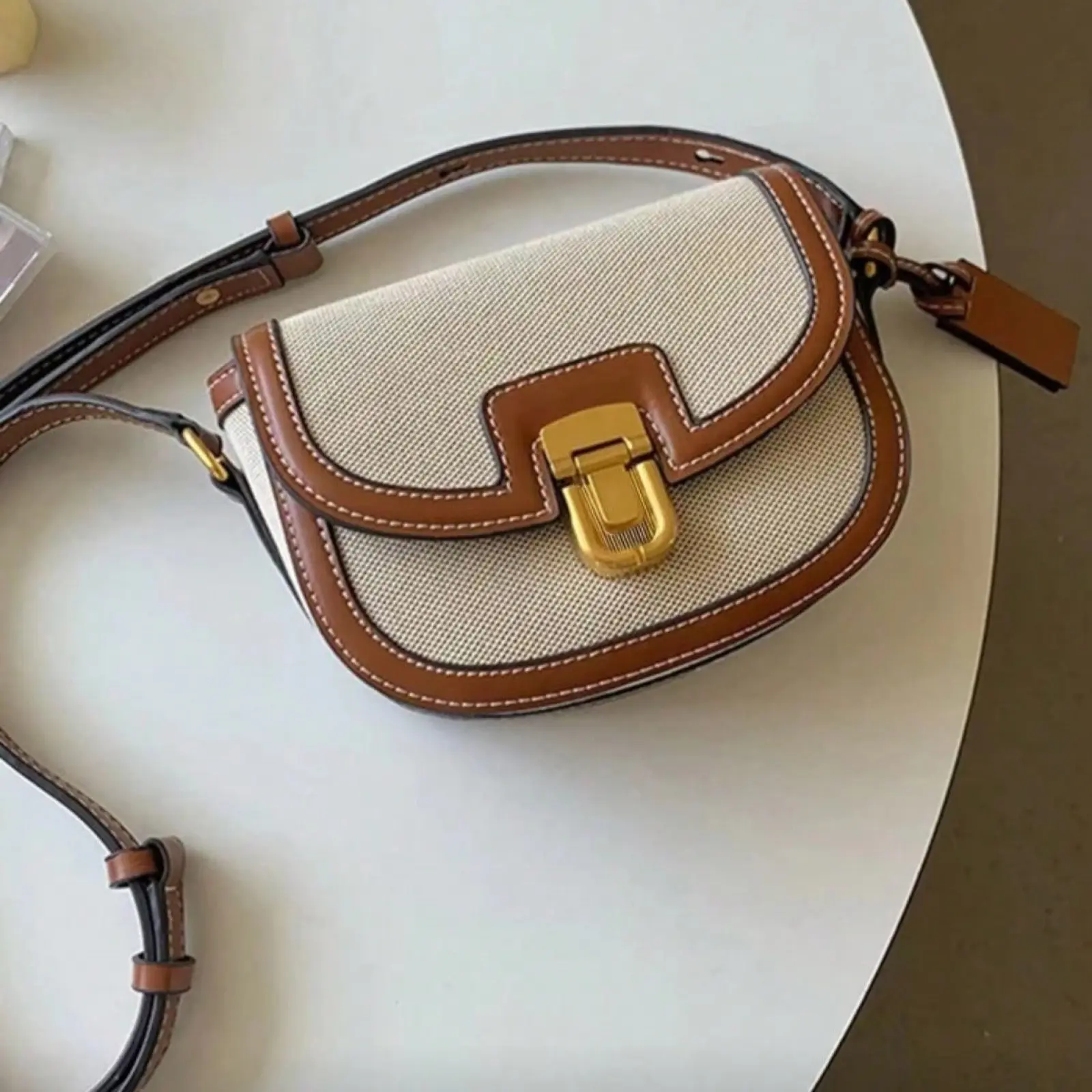 Casual Canvas Color Block Patchwork Small Flap Shoulder Crossbody Purse,  Retro Charm Classic Canvas & Brown Trim Mini Saddle Bag, Versatile Everyday Shoulder Purse, Suitable for Girls, Women, Students, Professionals, Office, Commuting, School