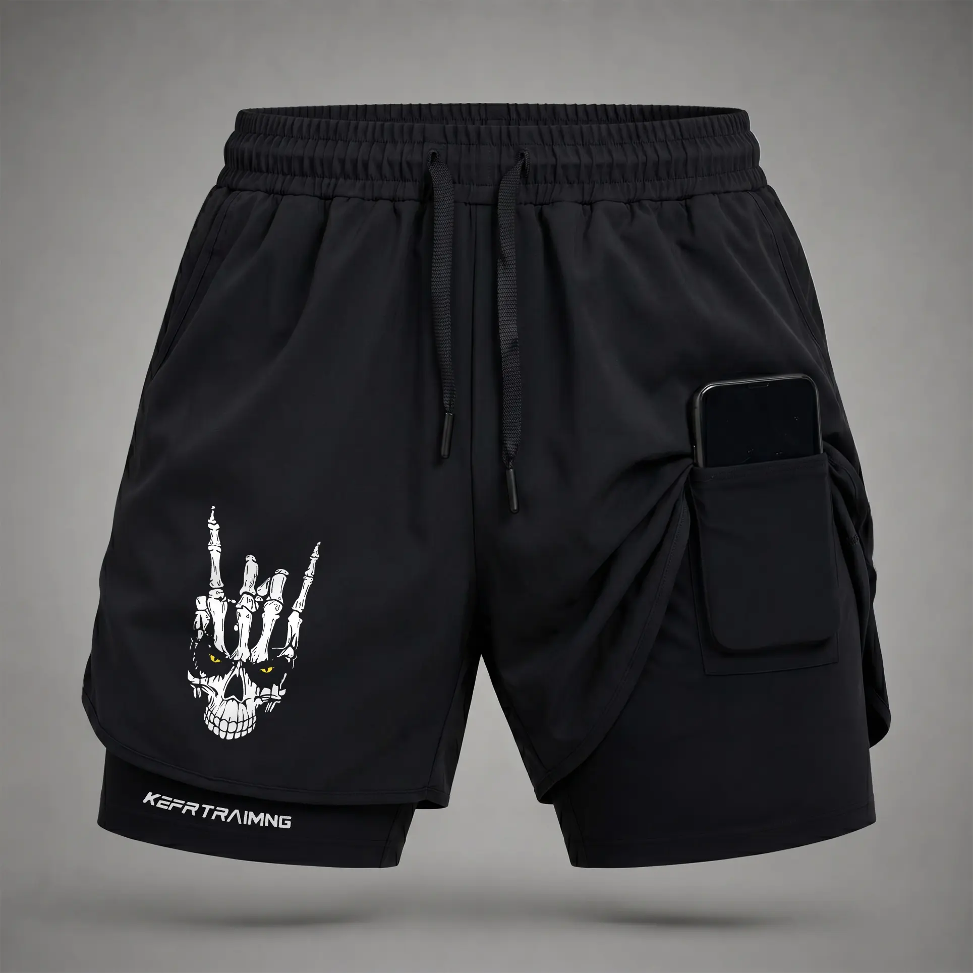 Men's 2-in-1 Quick Dry Sports Shorts - Skull Graphic Print, Compression Liner, Inner Phone Pocket, Back Towel Loop, Lightweight Outer Layer, Drawstring Regular Fit for Gym, Running