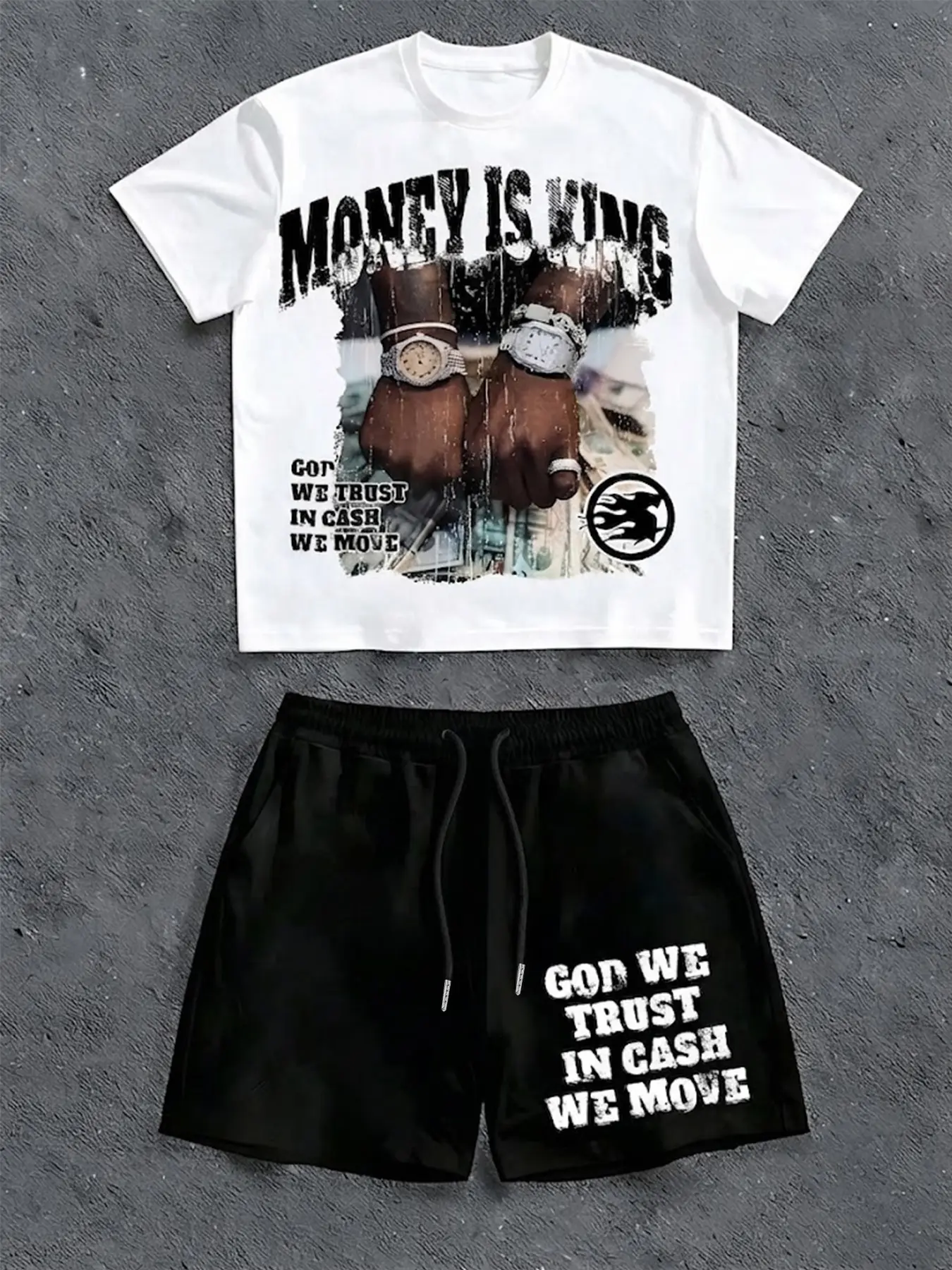 Men's 2Pcs Streetwear Outfit Money Is King Graphic Tee + Casual Drawstring Shorts Vintage Hip Hop Matching Set God We Trust In Cash We Move Summer Loose Tracksuit
