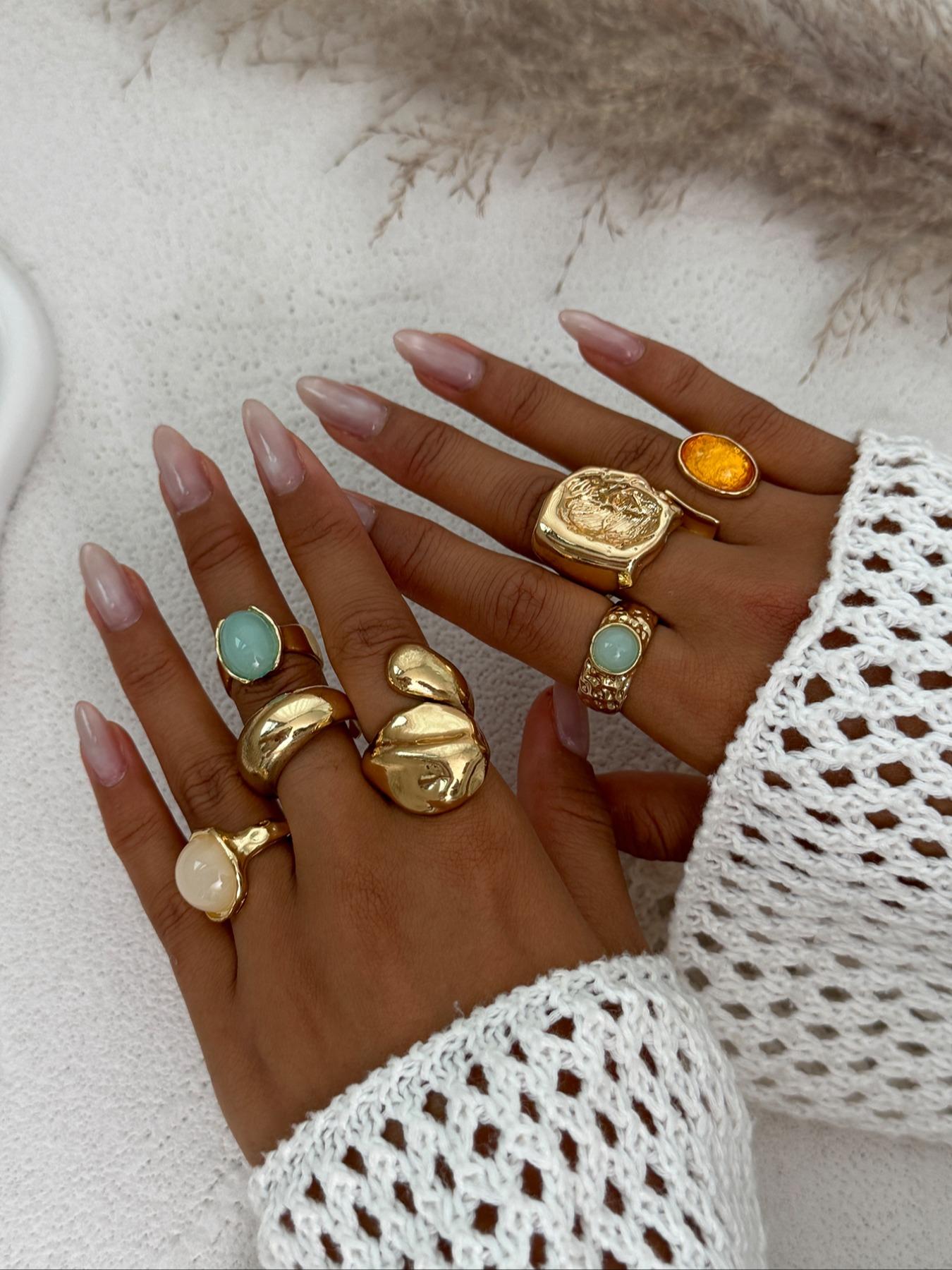 7 Pieces Women's Vintage Fashion Geometric Design Ring Set, Bold Metal Rings, Perfect for Daily Wear & Party, Jewelry Gifts