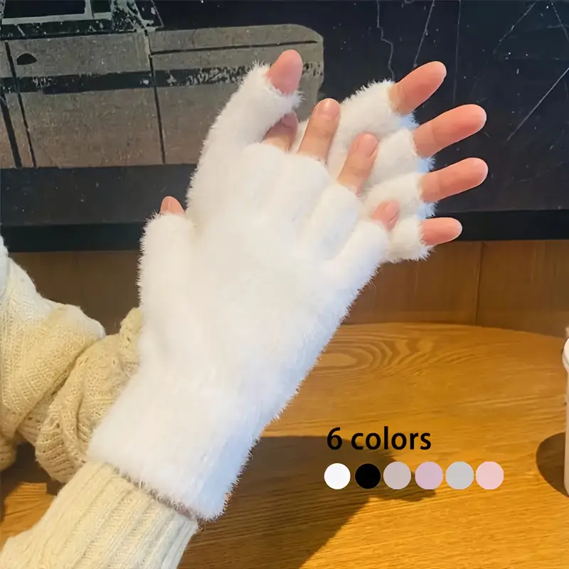 Women's Plush Fingerless Gloves, Touch Screen Compatible Winter Gloves for Typing, Driving and Outdoor Sports, Stretchy, Soft and Warm, Solid Color Casual Fashion Accessory, Cold Weather Gloves, Typist's Hand Protector