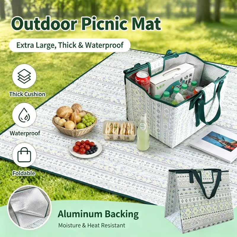 Extra Large Picnic Blanket Waterproof Sandproof, 2-in-1 Foldable Outdoor Picnic Mat with Carry Tote Bag, Thick Wear-Resistant Moisture-Proof Beach Blanket for Camping, Park, Lawn, Family Picnics