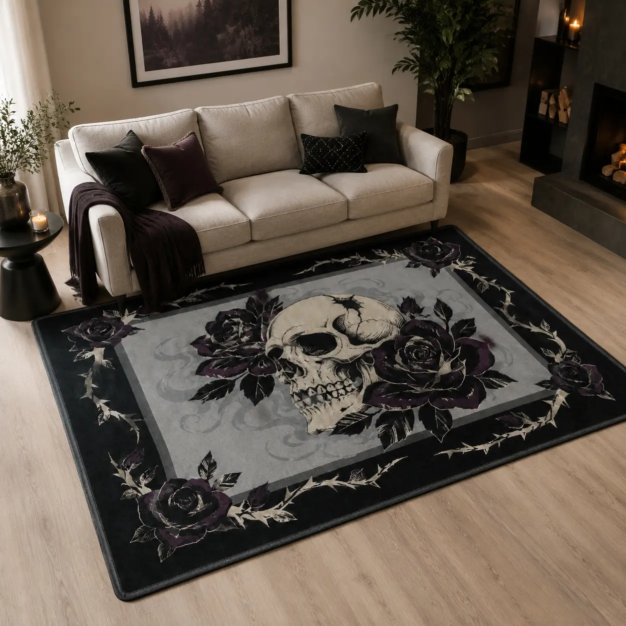 Dark Rose Skull Pattern Plush Rug High Definition Print Double Locked Edge Non-Slip Machine Washable Living Room Bedroom Decorative Floor Mat