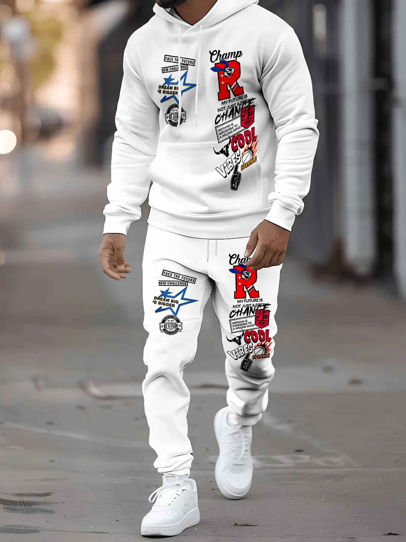 Street Sporty Hooded Sweatshirt Set With Letter Badges And Rabbit Print, Men'S Fashion Trendy Casual Sports Outfit - Hooded Top & Sweatpants 2-Piece Set For Fall/Winter
