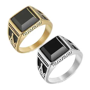New European and American cross-border classic retro ring, titanium steel color-retaining gold-plated black agate Masonic AG men's ring