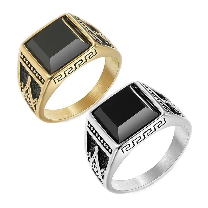 New European and American cross-border classic retro ring, titanium steel color-retaining gold-plated black agate Masonic AG men's ring