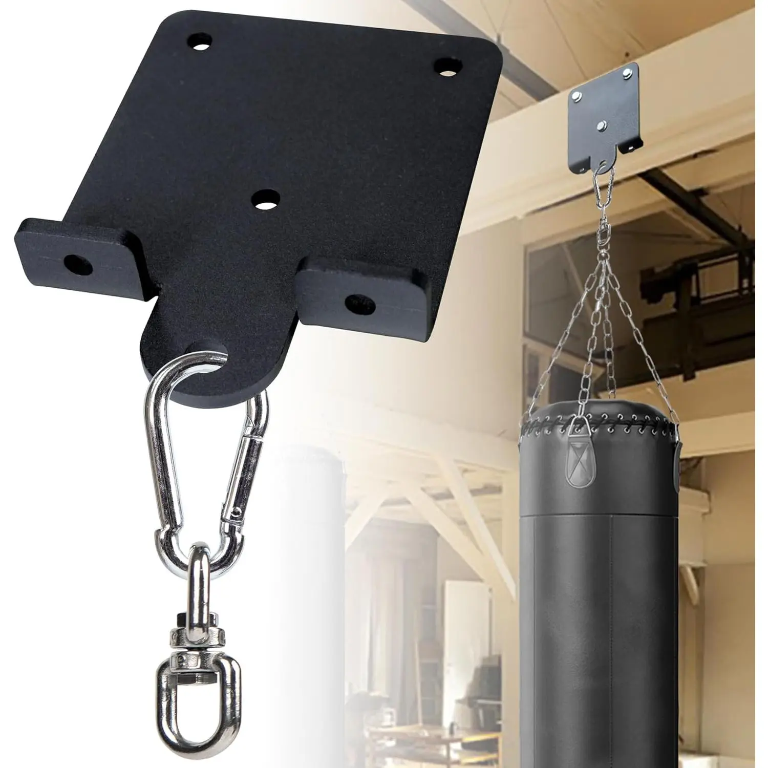 Heavy Duty Punching Bag Hanger - 360° Swivel Rust-Proof Powder-Coated Metal Beam Mount, Easy to Install with Hardware, Fits Most Horizontal Beams for Boxing, Aerial Yoga, Swivel Chairs, Secure Full-Thickness Functionality