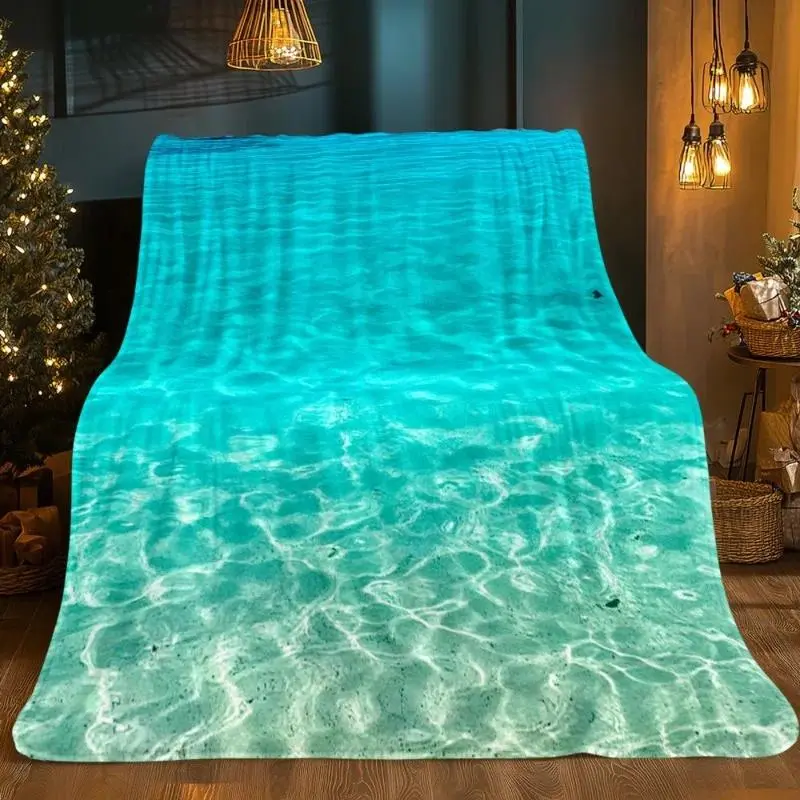 Turquoise Ocean Waves Print Flannel Throw Blanket, Wrinkle Resistant, Lightweight All-Seasons Soft Bedspread, 60in*50in/80x60 Inches, Ideal for Birthday Gifting