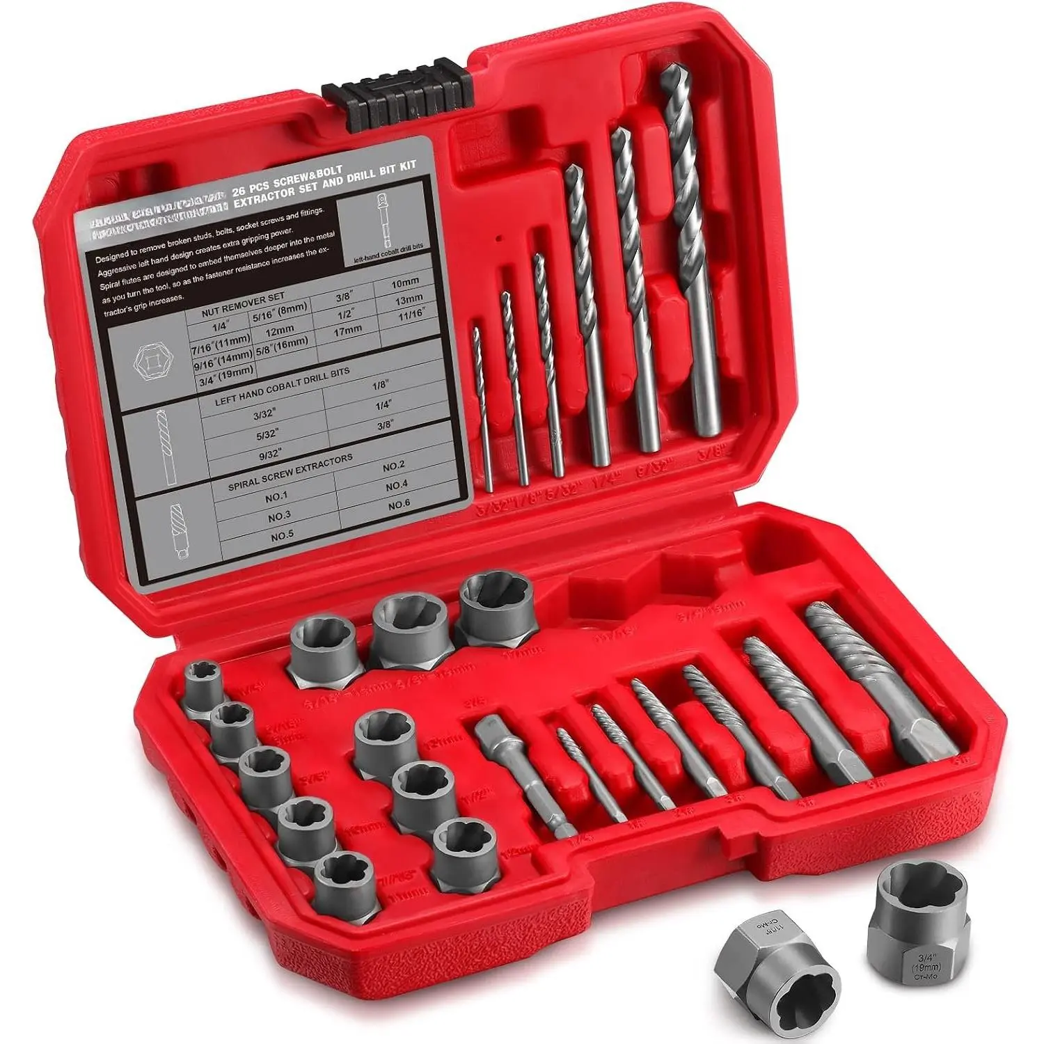 26- Screw & Drill Bit Set, Multi-Spline & Bolt Extractors, Spiral Extractor for Broken Studs & Fittings