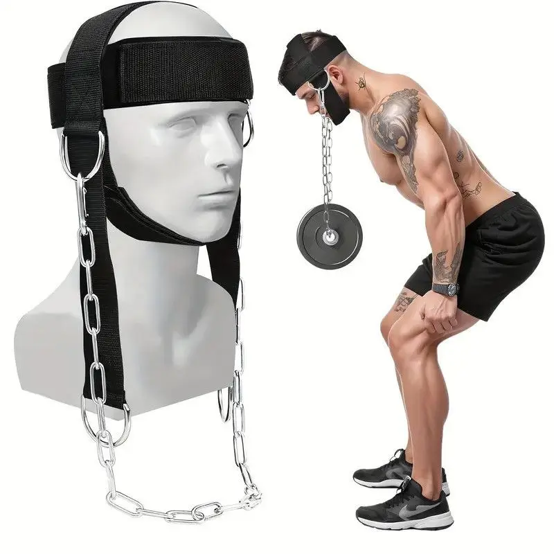 Neck Harness, Weight Lifting Neck Exerciser - Workout Equipment for Head, Neck Strengthener for Gym Training – Head Exercise for Men Women - Nylon Adjustable Straps with Metal Chain