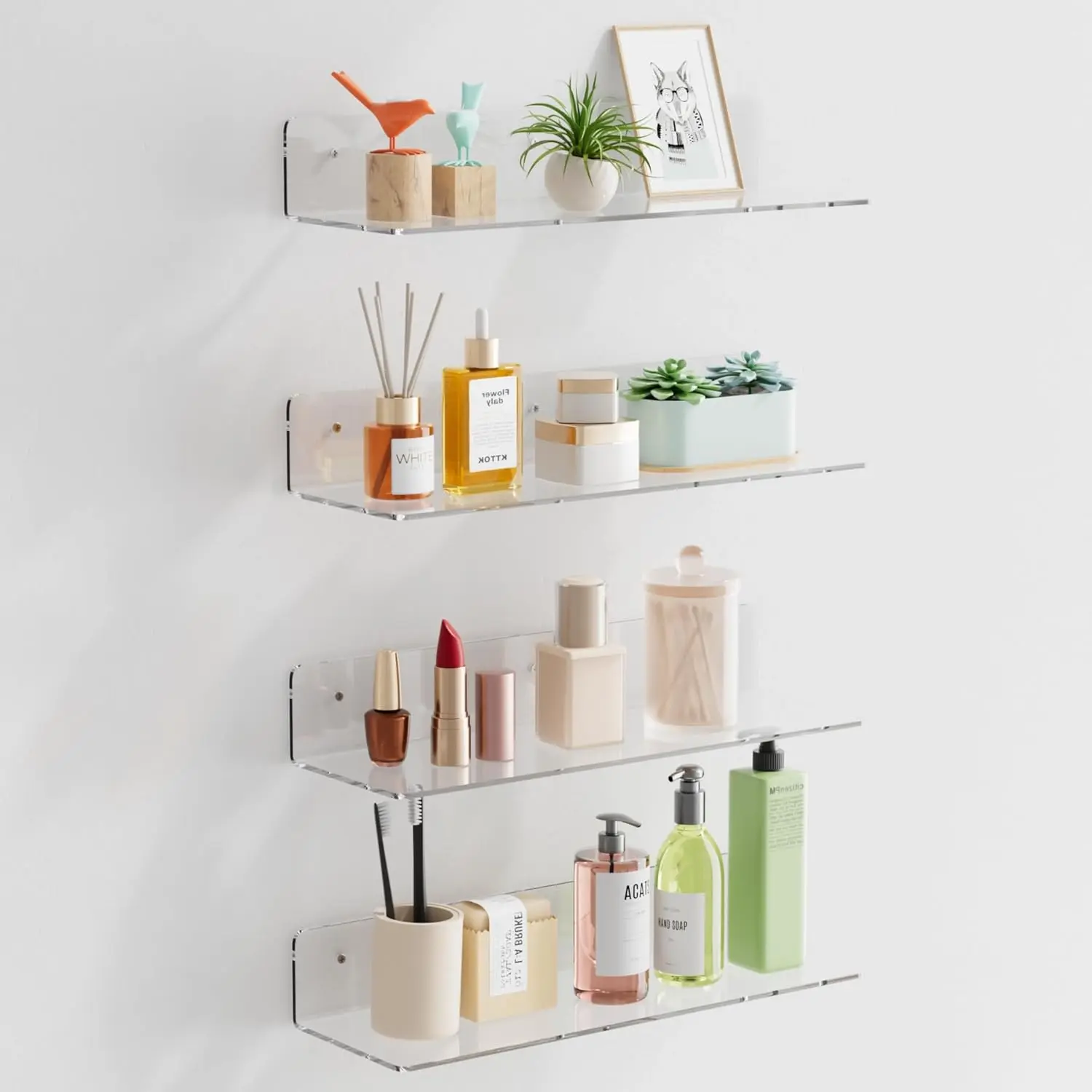 4-Pack Clear  Floating Shelves, 12" Invisible Wall Mounted Shelves – Space-Saving Storage for ’ Books, Bathroom, Bedroom, Kitchen, Living Room – Modern Display Organizer