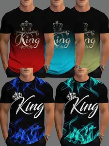 5 Piece Men's Fashion Streetwear 3D Gradient Letter King Print T-Shirt Set, Casual Long Sleeve Slim Fit, All Seasons Gift Idea