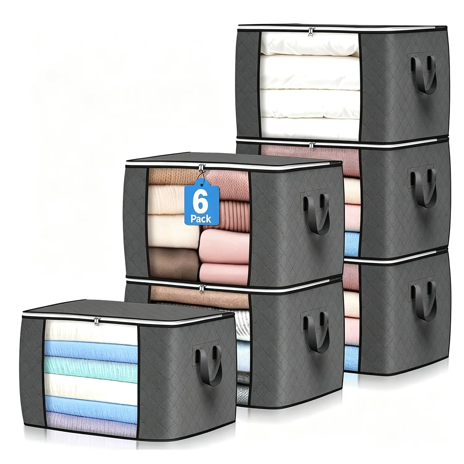 6-Piece Foldable Storage Box Set with Lid, Zipper, Transparent Window, Reinforced Handle, Wardrobe Organizer for Clothes, Clothing Storage Organizer, Fabric Storage Organizer, Blankets, Bedding, Portable Clothes Organizer