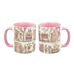 Lavender Floral Bookshelf Coffee 11oz & 15oz Mug, Pastel Pink Handle Ceramic Cup, Soft Purple Wisteria Book Lover Mug, Cottagecore Bibliophile Drinkware, Cozy Reading Nook Mug, 11oz White Glossy Mug, Bookworm Gift, Floral Library Mug