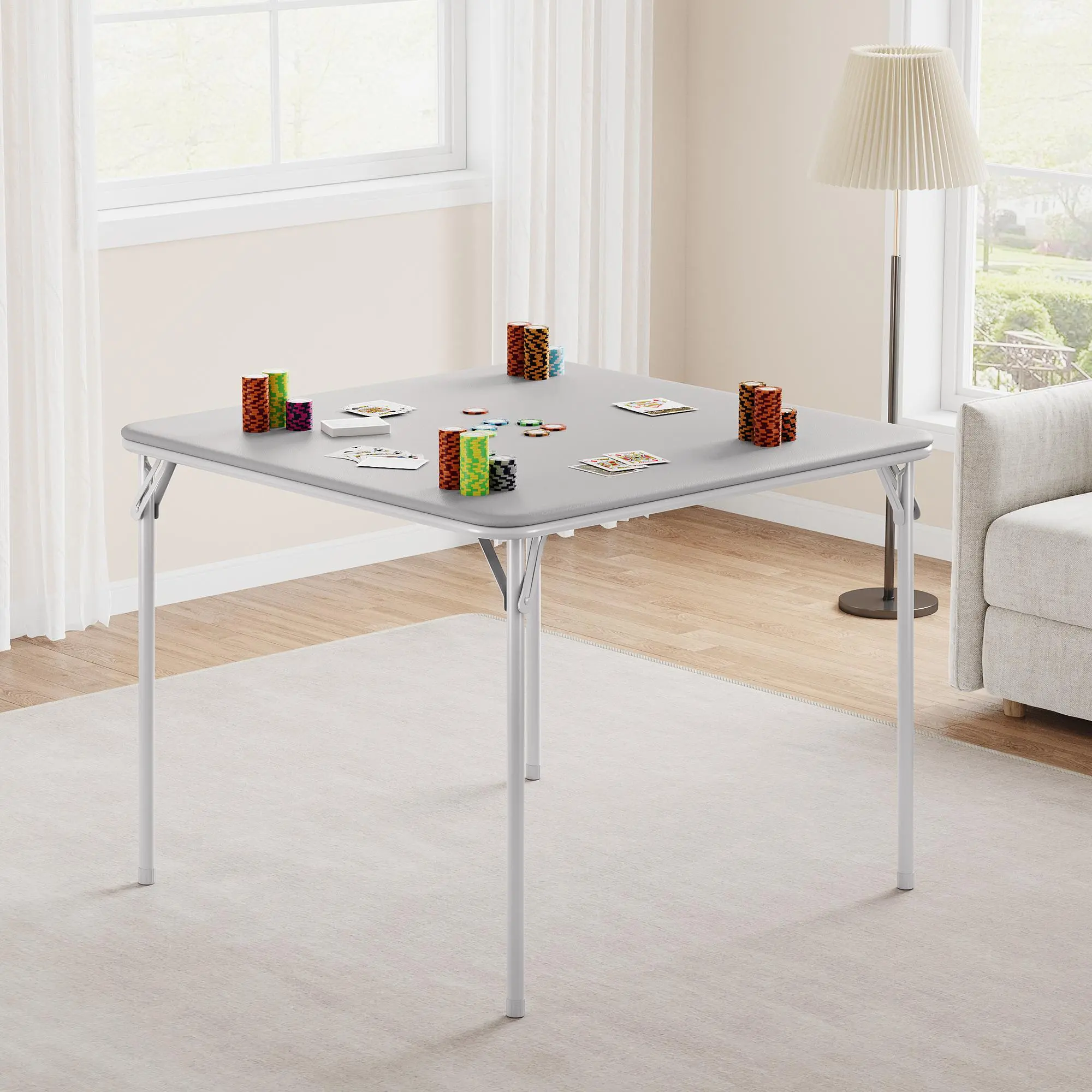 Folding Table, 33.6 Inch Folding Card Table, Portable Square Folding Table with PU Soft Cushion, Grey Metal Foldable Table Suitable for Living Room, Office, Camping(No Chair)