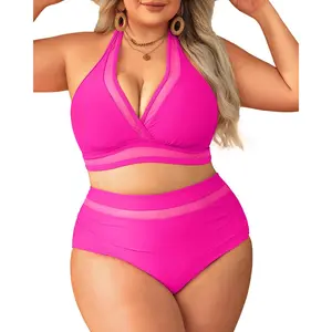 Tempt Me Women Plus Size Bikini High Waisted Swimsuits Mesh Tummy Control Two Piece Bathing Suit with Full Coverage Bikini Bottom DealsForYouDays