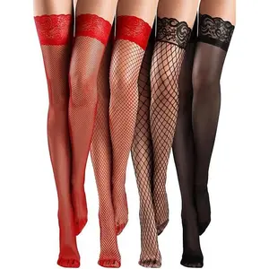 4 Pairs Fishnet Thigh High Stocking for Women Silicone Lace Top Sheer Over Knee Stockings