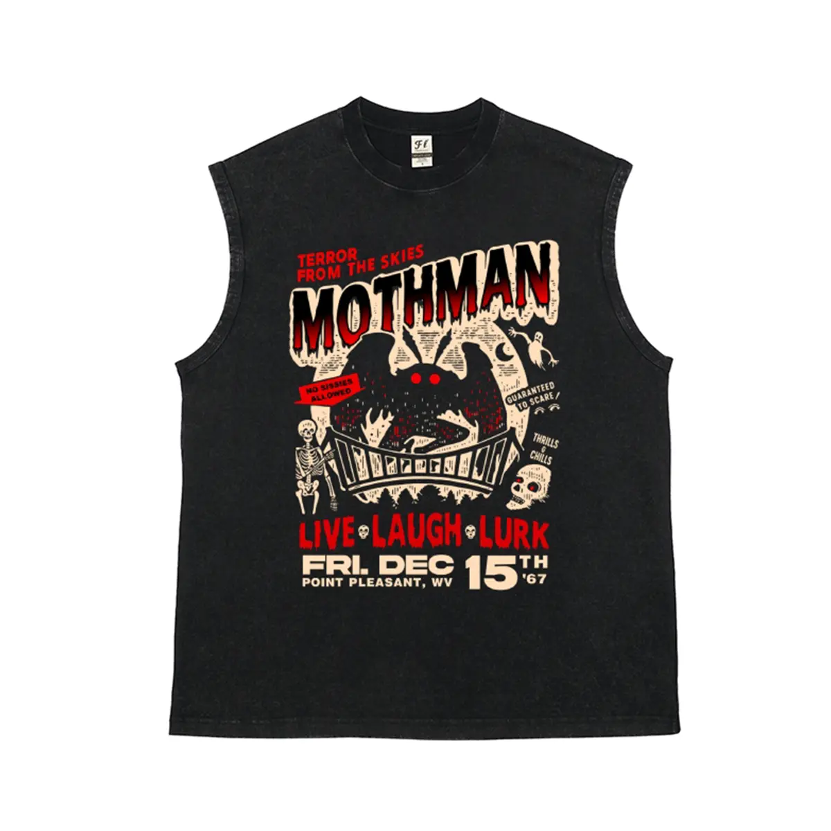Unisex MOTHMAN TERROR FROM THE SKIES Retro Horror Poster Style Design Graphic Washed Vest Personalized Pattern Y2k Clothing Round Neck Washed Vest,Women's Clothing 100% Cotton, Menswear, Top, Vintage Style,Summer Casual Oversized