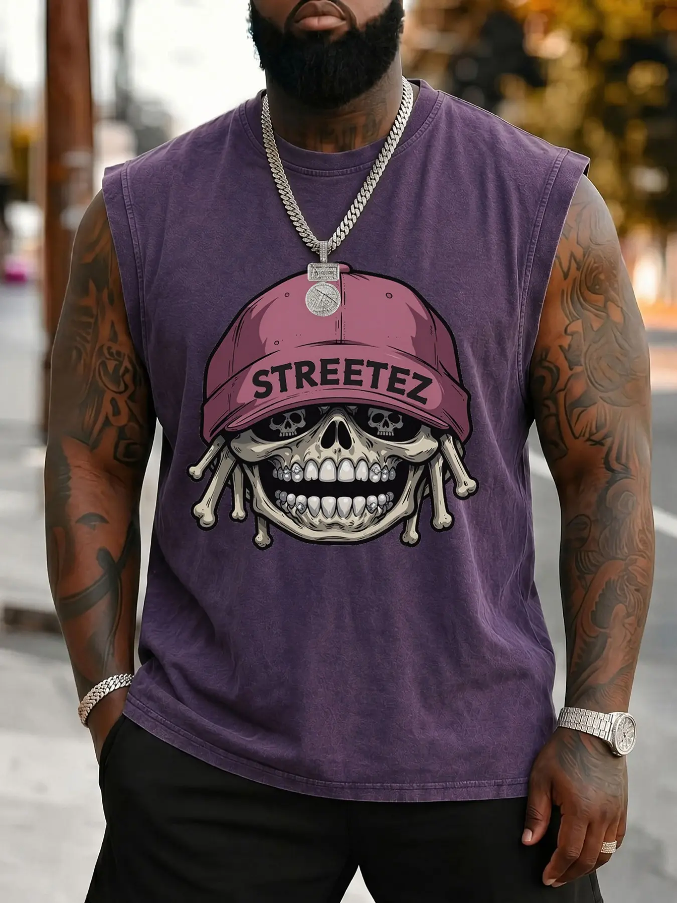 Men's Sleeveless Vest, Skull Baseball Cap Streetez Style, Summer Spring Round Neck Casual Top, Essential Fashion Item, Simple and Versatile