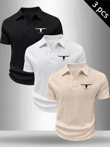 Men Textured Knit Short Sleeve Polo Shirts, Western Style Bull Skull Graphic With "Never Stop" Letter Print Soft Breathable Curved Hem Casual Daily Street Workout Tops #WesternPolo #BullSkullPrint #LetterPrintCasualShirt