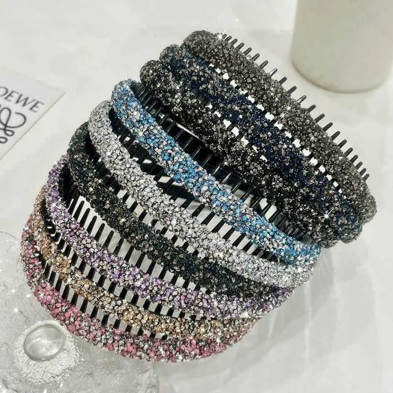 Full Rhinestone Twisted Anti Slip Teeth Wide Headband Sparkly Crystal Hair Hoop Women Evening Party Wedding Bridal Hair Accessory