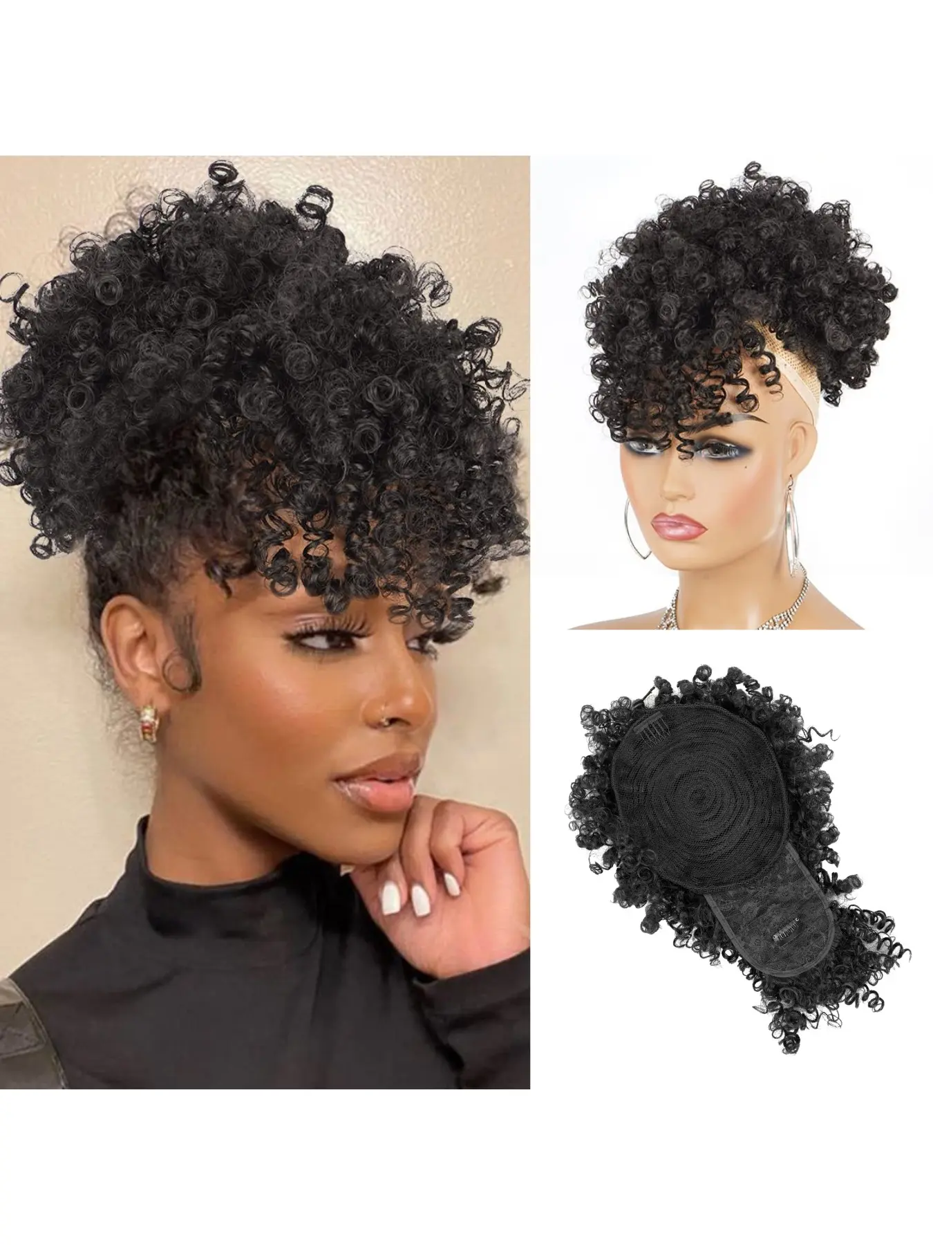 Women Drawstring Hair Bag, African Loose Curl Ponytail Extension, Bangs Flower Braid Style, High Crown Heat Resistant Fiber Wig Piece, Synthetic Curly Wigs