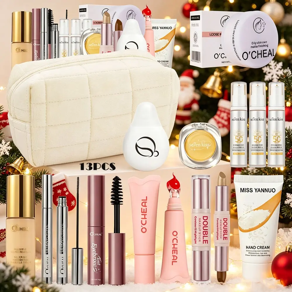 13-Piece Makeup Bag Set, Foundation, Loose Powder, Lip Gloss, Dual-Ended Contour Eyeshadow Stick, Mascara, Hand Cream, Christmas Gift