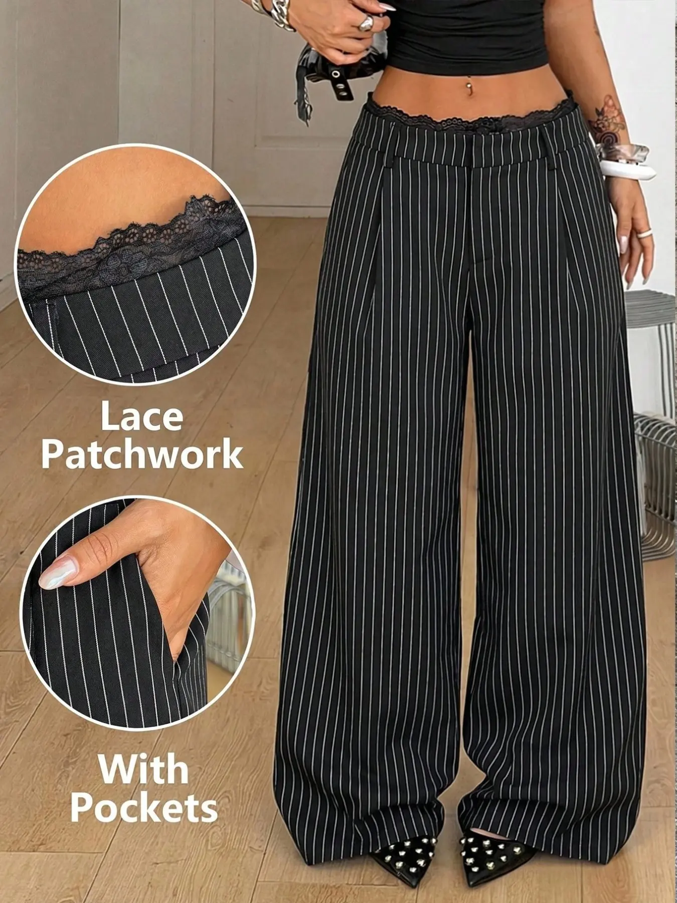 Women's Streetwear Casual Business Elegant Formal Office Striped Lace Patchwork Wide Leg Pants With Pockets, Striped Commuter Pants, Loose-Fitting