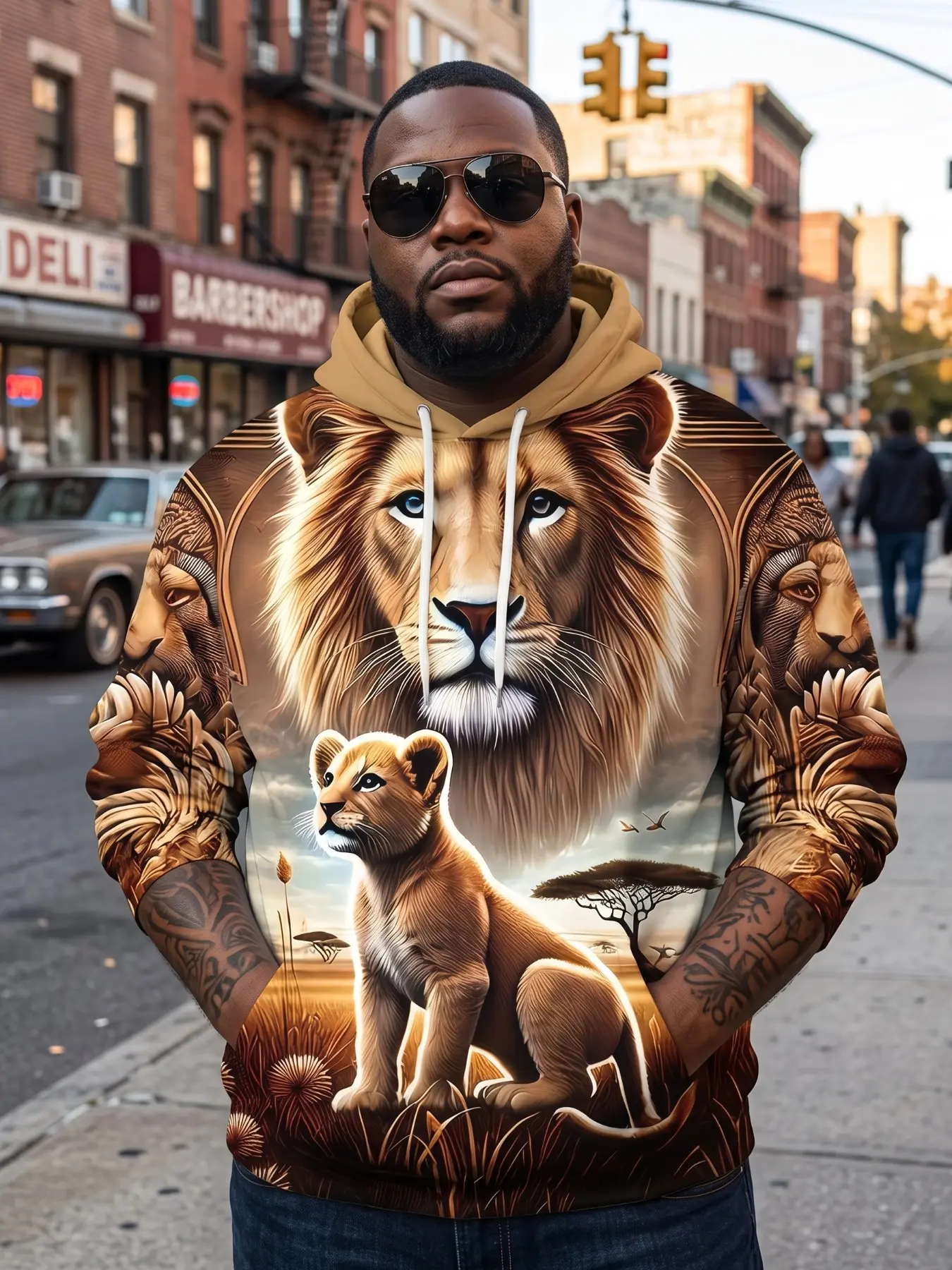 Men's Casual Hooded Sweatshirt, Lion Family All over Print, Drawstring Hood, Kangaroo Pocket, Long Sleeve, Loose Fit
