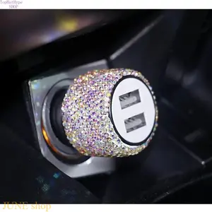 Bling Diamond Dual USB Car Charger, Fast Charging Cigarette Lighter Adapter With Emergency Safety Hammer, Compact Plug And Play Vehicle Accessory For Female Drivers