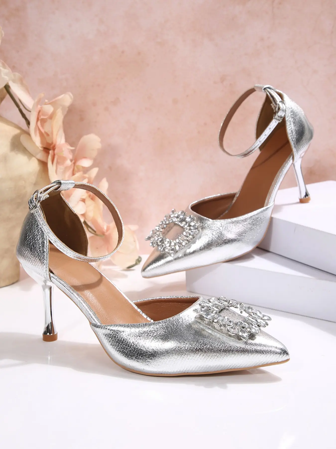 Women's Metallic Silver Color Pointed Toe Ankle Strap High Heels, Sparkling Rhinestone Square Buckle Stiletto, Elegant Wedding Dress Pumps, Elegant Classy Sandals, Bridal Wedding Footwear